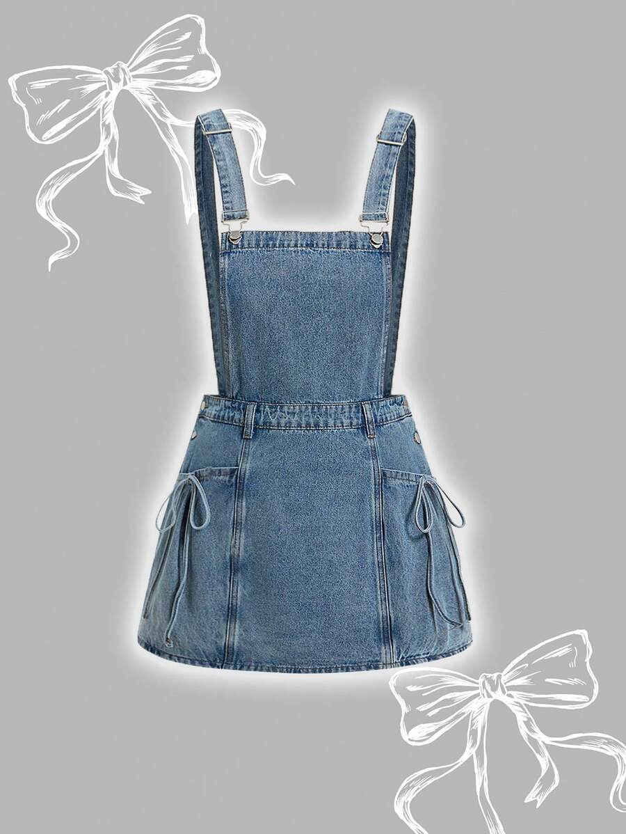 SHEIN MOD Plus Size Denim Dress Casual Suspender Dress Blue Bowknot Sweet Summer Dress - Light Wash - View 1