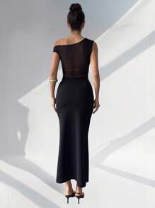 Firerie 女士黑色不对称肩部网眼衬衫和长款鱼尾裙两件套 - 黑色 - 查看 7