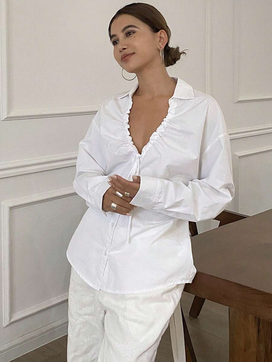 Livesso Women Solid Color Fitted Long Sleeve Drawstring Ruched Tie Blouse Summer Preppy Tops - White - View 1