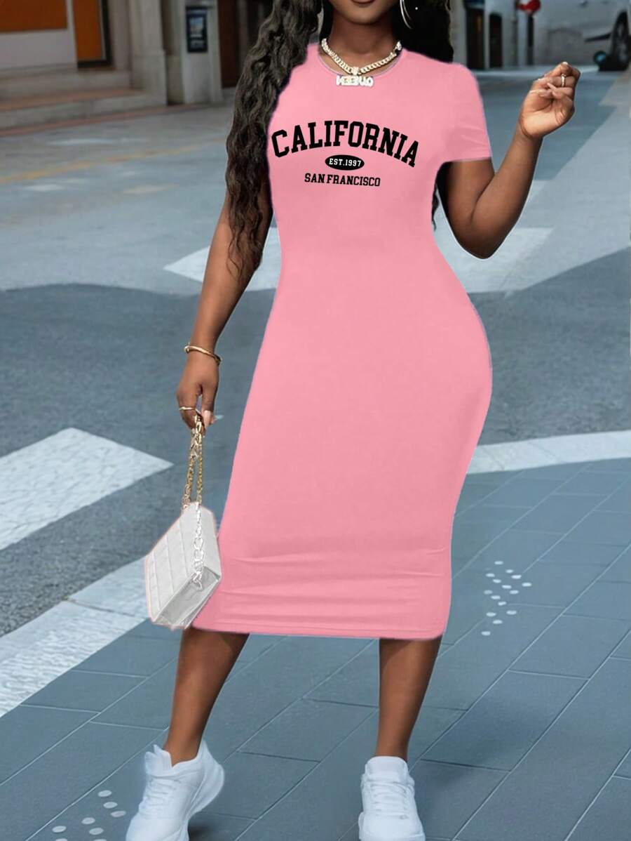 Slaydiva Vestido midi de manga corta, cuello redondo entallado, con gráfico del eslogan CALIFORNIA, de estilo casual adecuado para la primavera y el verano