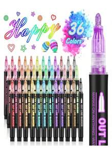 SHEIN 8/12/24/36/48 Couleurs de stylos de contour double ligne, marqueurs métalliques d'auto-contour, stylos scintillants pour écriture et dessin, pour cartes de Noël, artisanat DIY