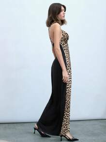 Maija Vestido de mujer con diseño de escote profundo, espalda cruzada ajustable y estampado de leopardo en la parte delantera y trasera, elegante y versátil, apropiado para principios de primavera y primavera