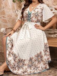 SHEIN Clasi 大码 V 领花卉印花短袖连衣裙，女士夏季服装，圣帕特里克节，狂欢服装，节日，春假，波西米亚风 - 彩色 - 查看 5