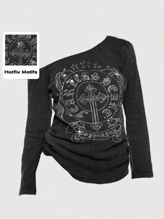 Grunge Punk Women's Easter/St. Patrick's Day/Concert: Asymmetric Sequin Cross & Star Print Black Acid-Washed Elastic Waist Long Sleeve Spring Sexy Pullover, Plus Size Top