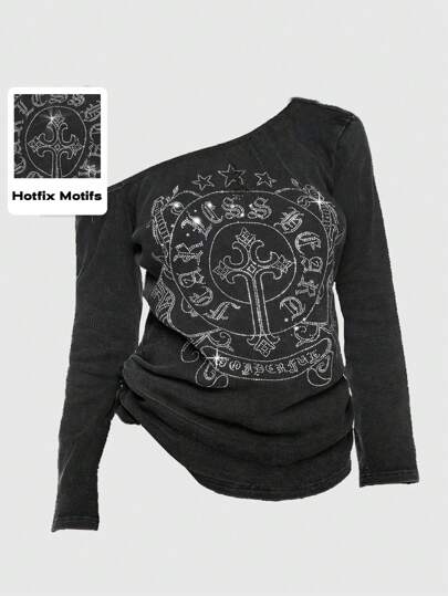 Grunge Punk Women's Easter/St. Patrick's Day/Concert: Asymmetric Sequin Cross & Star Print Black Acid-Washed Elastic Waist Long Sleeve Spring Sexy Pullover, Plus Size Top