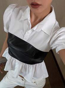 DAZY 女款休閒極簡風拼色PU皮革拼接泡泡短袖上衣 夏季校園風 - 白色 - 查看 1