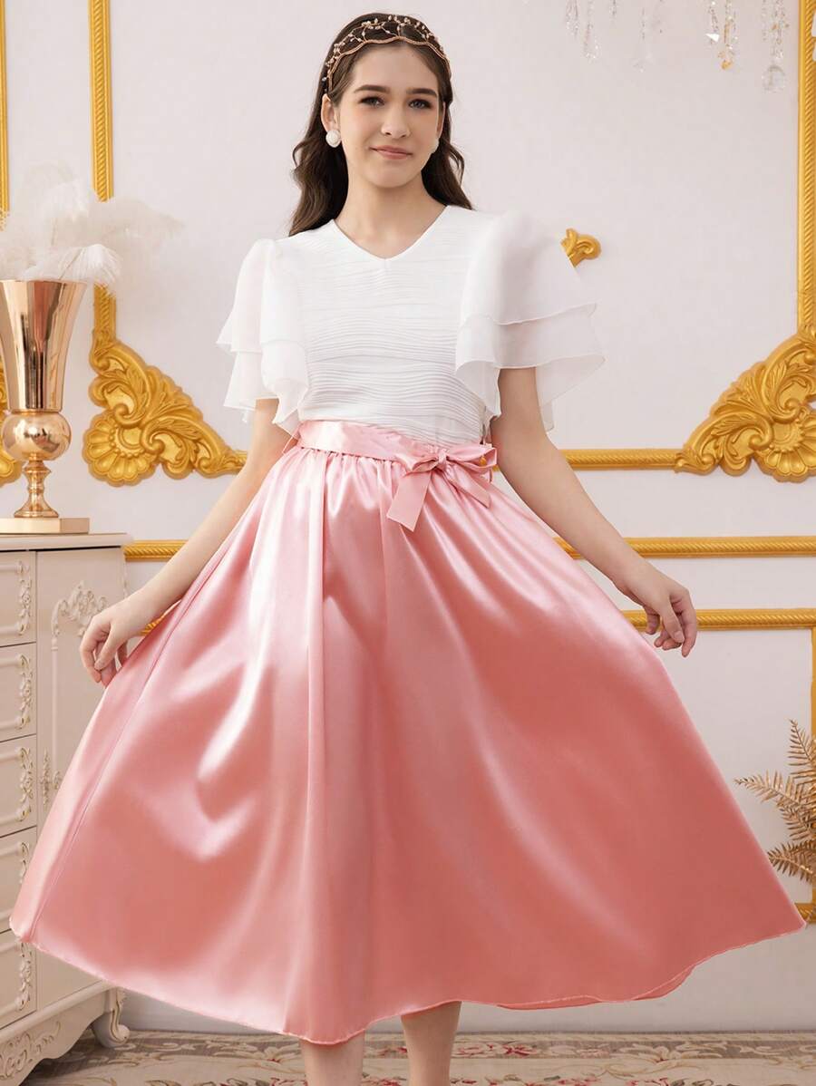 2pcs Set: Teens Girls Exaggerated Flare Sleeve Top And Mini Skirt Suit - Multicolor - View 1