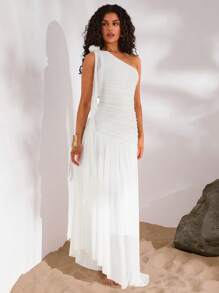 Opulessa 优雅纯色不对称领连衣裙