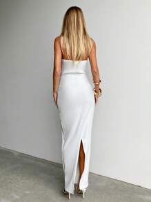 Aloruh Vestidos de mujer con hombros descubiertos, decoración de metal hueco con abertura, vestidos de primavera, vestidos de graduación, vestidos de Pascua, vestidos de playa, vestidos blancos, vestidos largos