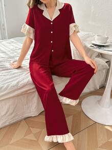 Contrast Color Ruffled Collar Button Front Short Sleeve Pajama Set For Women
