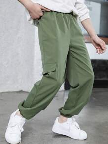 SHEIN 2pcs Big Kid Zip Up Cargo Pocket Decor Cuff Pants, Black + Grey Combo - Multicolor - View 6