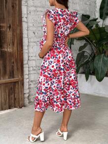 SHEIN Abito con scollo a V, stampa floreale, volant lungo l'orlo, taglio a trapezio, per gravidanza, vacanze e casual
