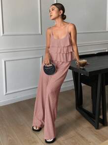 DAZY Women's Solid Color Textured Ruffled Cami Top & Wide Leg Pants Summer Bohemian Resort 2 Pieces Set - Pink - View 4