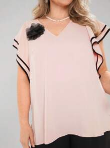 EMERY ROSE 2pcs/Set Plus Size Women 3D Flower Decor Ruffle Sleeve Shirt & Wide Leg Pants Set Elegant Outfit Women Plus Summer Set