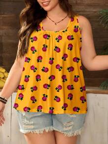 EMERY ROSE 加大码宽松热带碎花褶饰宽肩带背心，适合春夏季 - 彩色 - 查看 4