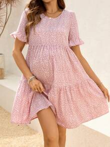 SHEIN Robe d'été décontractée rose à imprimé léopard pour femmes enceintes, robe de maternité de printemps - Rose bonbon - Voir 4