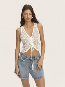 Nöista V- Neck Cami Top Lace Ruched Spring Summer - Beige - View 1