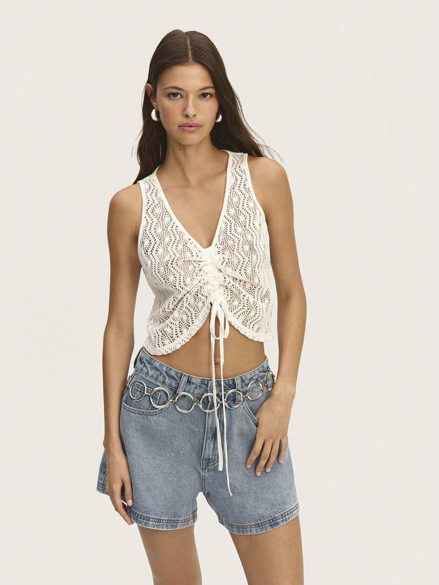 Nöista V- Neck Cami Top Lace Ruched Spring Summer - Beige - View 1