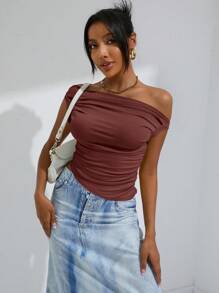 EMERY ROSE Solid Ruched Side Asymmetrical Neck Crop Top  - Coffee Brown - View 5