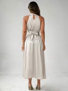 Celure Plus Size Women's Dress, Elegant Satin Fabric With Comfortable & Skin-Friendly Bestselling Material, Solid Color, Small Stand Collar Waist Tied Belt Slimming And Elongating, Bowknot Decoration At Back Waist, Sleeveless, Simple & Fashionable For Party, Suitable For New Year's Day Daily Commute, Shopping And Entertainment, Wedding And Banquet, Comfortable Fabric, High Cost-Performance