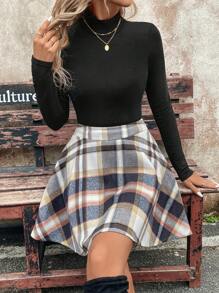 SHEIN LUNE Conjunto de invierno cálido de 2 piezas para mujer: Top de cuello alto de manga larga multicolor informal y elegante, y falda plisada de cintura alta de lana a cuadros retro