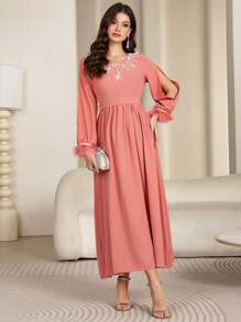 Modelyn Women's Pearl Decor Cinched Waist Flared Dress For Parties - Orange - View 5