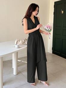DAZY Effen kleur losse jumpsuit met strik taille, elegante zomer casual dames rompertjes