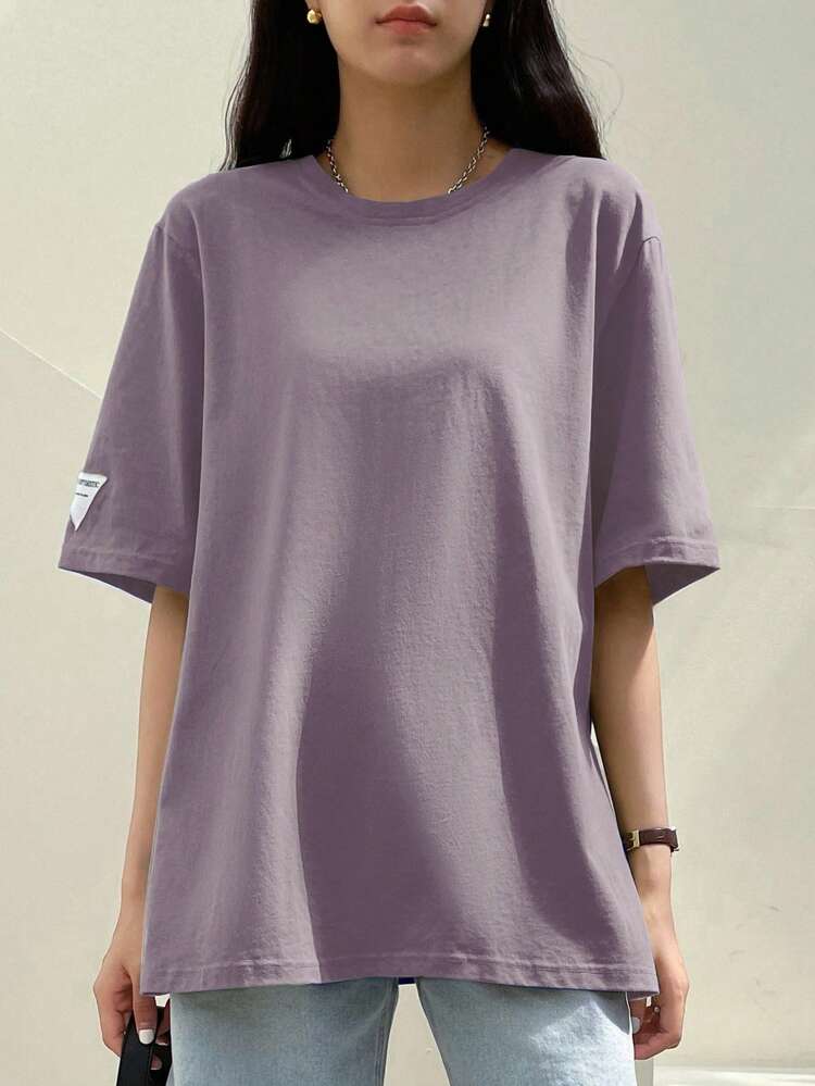 Loose Short Sleeve T-Shirt With Letter Patchwork And Split Hem Summer Oversized T-Shirt Business Casual Woman Work Clothes