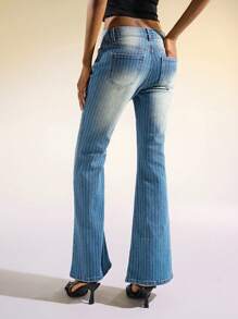 Easelle Jeans acampanados de tiro bajo con lavado vintage a rayas - Azul - Ver 6