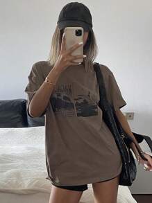 Livesso 女士宽松短袖圆领T恤，带印花图案字母夏季超大T恤街头潮流 - 咖啡棕 - 查看 3