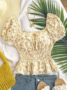 SHEIN 少女编织碎花印花方领蝴蝶结短袖衬衫，适合休闲、节日、午餐、音乐节、街头穿着 - 彩色 - 查看 1