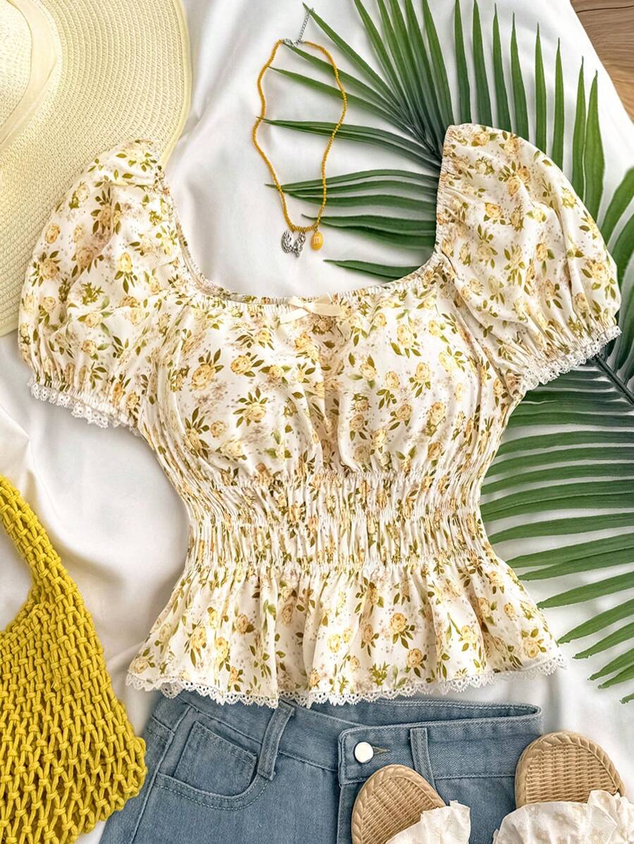 SHEIN 少女编织碎花印花方领蝴蝶结短袖衬衫,适合休闲、节日、午餐、音乐节、街头穿着 - 彩色 - 查看 1