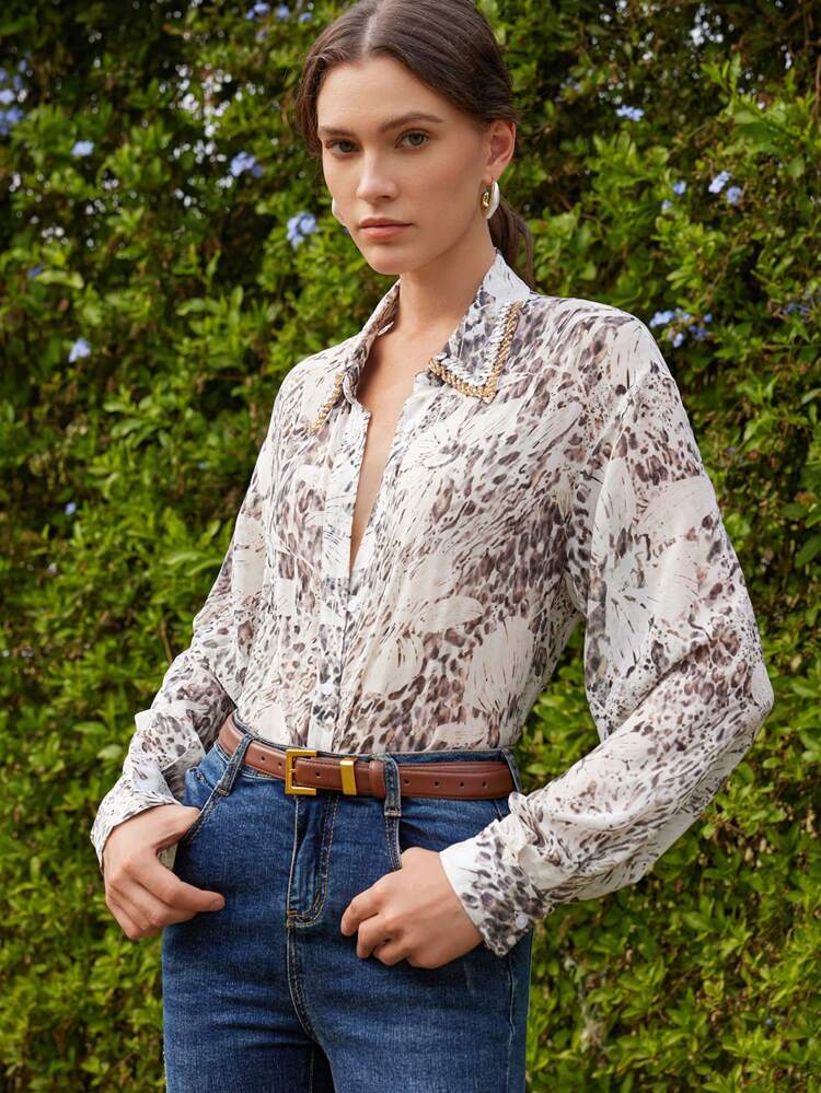 Women's Chiffon Modern Vintage Leopard Print Collared See-Through Blouse Top, Suitable For Festivals, Going Out, Vacation