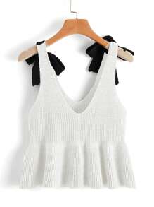 Flirla Top de punto con tirantes de mujer con dobladillo con volantes de color contrastante