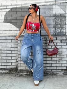 SHEIN ICON Plus Size Women Five-Starred Fringes Decor Pockets Loose Relaxed Fit Jeans - Blue - View 5