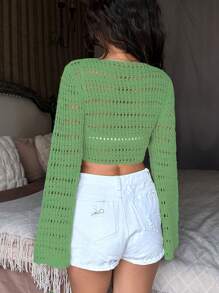 Flirla Women's Solid Color Front Tie Drop Shoulder Long Sleeve Cropped Hollow-Out Cardigan Fall Cloth For Women - Green - View 3