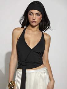 COSMINA Women's Elegant Deep V-Neck Halter Tie-Up Knit Tank Top, Office & Commute Wear, Spring/Summer