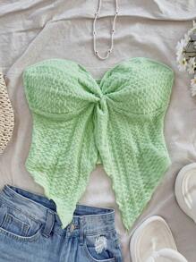 Soleia Top cómodo de tela texturizada con abertura frontal y sin tirantes, ideal para tomar el té por la tarde, usar en interiores/exteriores, vacaciones y vuelta al cole, con estilo romántico y casual - Verde - Ver 4