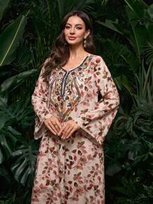 Al Najma Elegant Flare Sleeve Sequins Front Flounce Hem Arabic Style Women Long Dress, Spring/Summer, Arabian Dresses,Modest - Multicolor - View 8