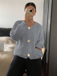 SHEIN Frenchy Chaqueta larga de punto de un solo abotonadura de manga larga y hombros caídos, de unicolor, para mujer, para otoño/invierno
