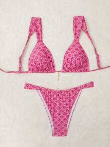 Swim Mod Plus Size Women 2szt. Losowy kwiatowy złoty odpinany pasek Elegancki zestaw strojów kąpielowych na plażę