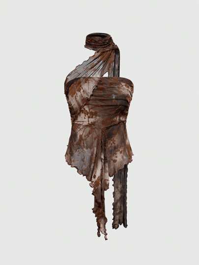 Grunge Punk Y2K Vintage Sexy Ruffled Side Detachable Mesh Scarf Flocked Bandeau Top For Women