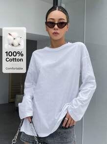 DAZY Solid Split Hem Drop Shoulder Tee Long Sleeve Women Tops