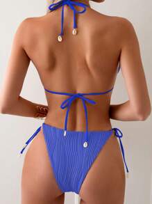 SHEIN Swim 女士夏季海灘純色頸結式綁帶性感比基尼套裝，特殊面料 - 寶藍色 - 查看 2