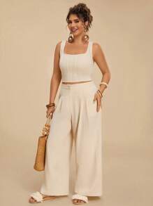 Travachic 2 件大码女式纯色方领吊带上衣和褶皱阔腿休闲裤套装