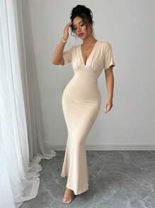 Elenzga Elegant French Style V-Neck Ruched Raglan Sleeve Romantic Mermaid Hem Dress - Apricot - View 4