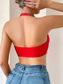 Women's Solid Color Halter Neck Sexy Lace Splice Front Clasp Bra Bridallingerie - Red - View 2