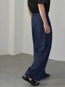 Manfinity Hypemode Men Casual Solid Fold Pleated Wide Leg Pants - Navy Blue - View 4