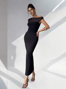 Firerie 女士黑色不对称肩部网眼衬衫和长款鱼尾裙两件套 - 黑色 - 查看 1