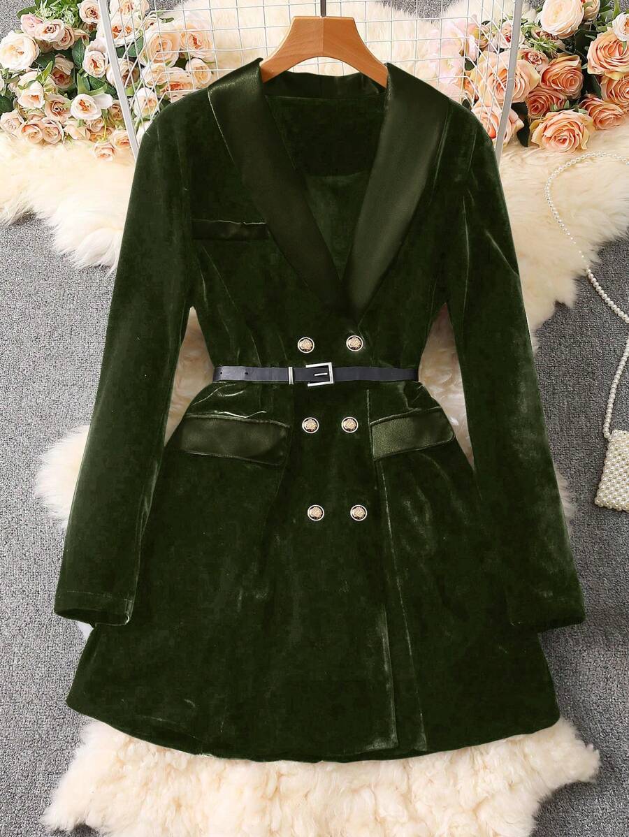 SHEIN ChicEase Satin & Velvet Patchwork Long Casual Blazer Jacket, Autumn/Winter Fall Cloth For Women - Dark Green - View 1